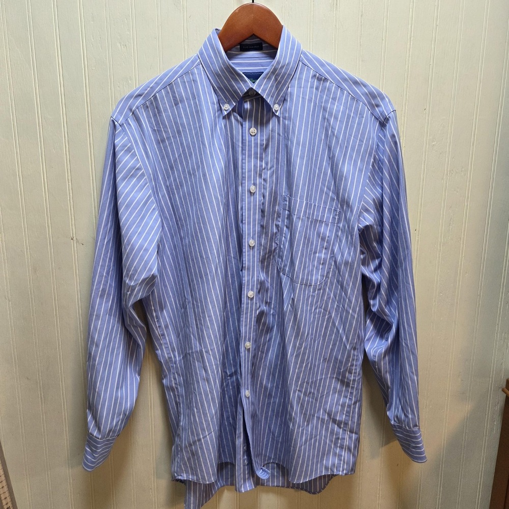Haspel Shirt Mens 15.5 32/33 Blue Stripe Classic Fit Non Iron Dress Long Sleeve